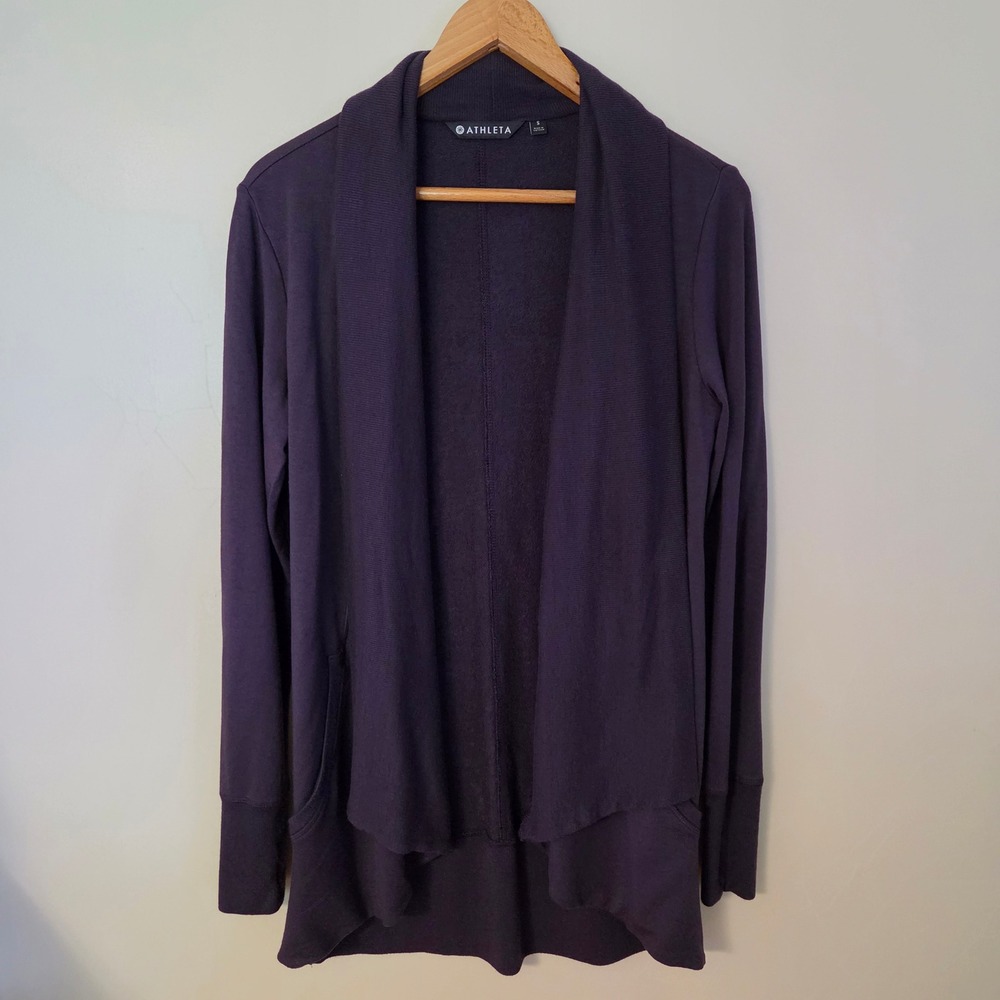 Athleta Pranayama Wrap Cardigan Draped Open Front Purple S Modal Blend Thumbhole